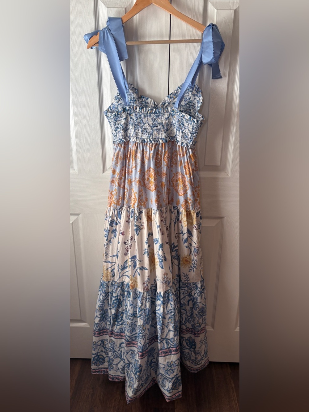free people Bluebell White Floral Patchwork Cotton Poplin Smocked Maxi Dress S - Picture 4 of 11